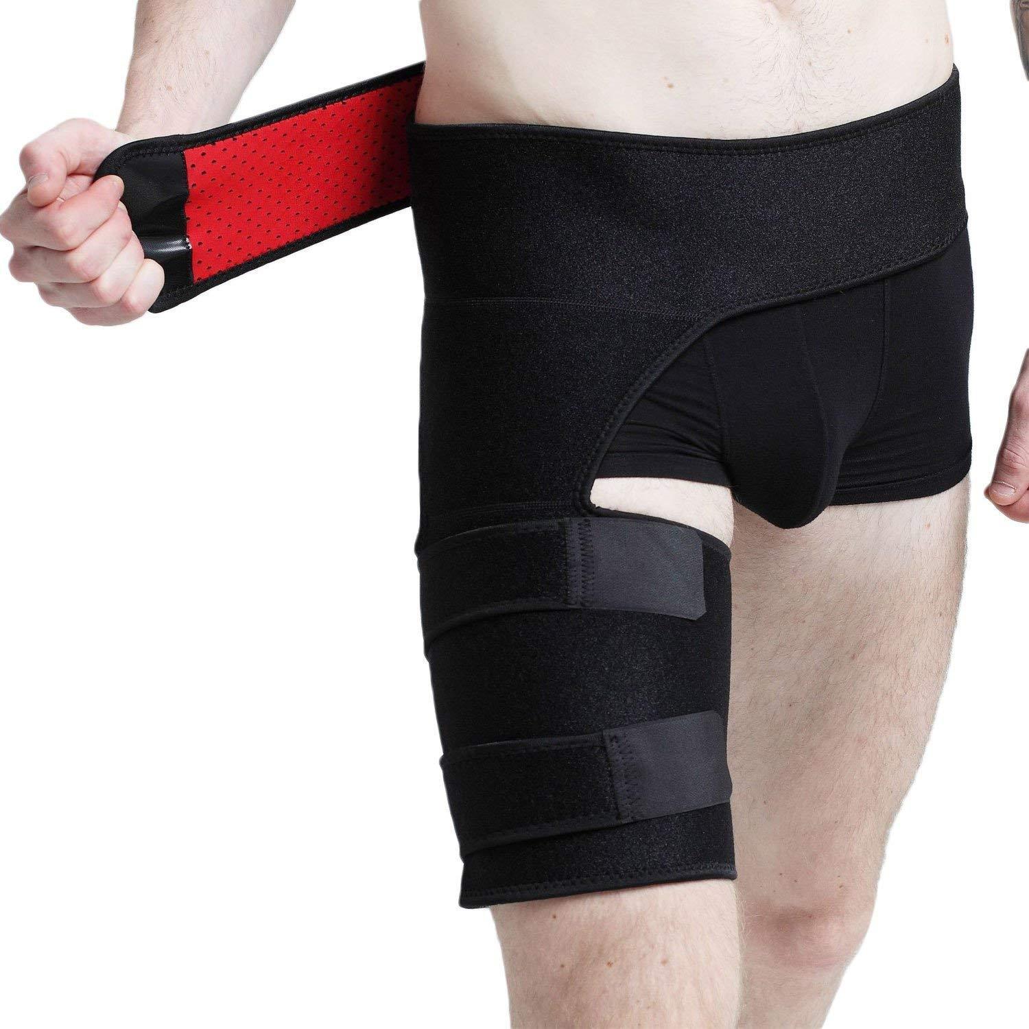 Hip Brace - Thigh Hamstring Sciatica Pain Relief Brace - Compression  Support Wrap for Hip Flexor Strain, Groin Pull, SI Joint, Arthritis,  Bursitis, Sciatic Nerve for Men, Women (Black)